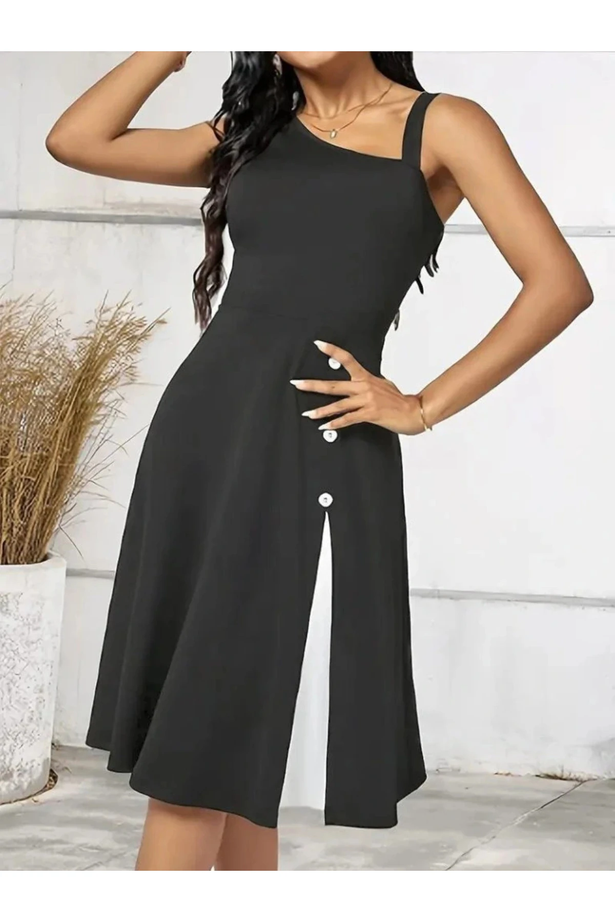 Kadın Tek Omuzu şerit Detaylı Kolsuz Yandan Düğme Detaylı Janjan Krep Elbise