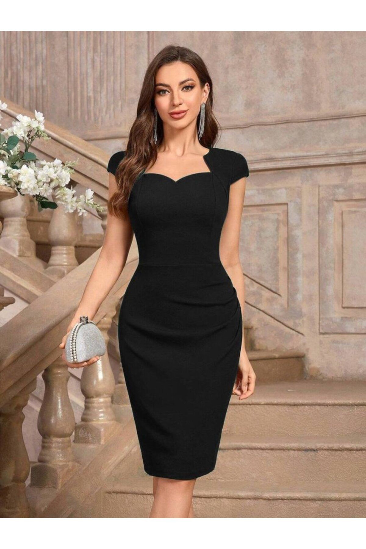 Kadın Kısa Kollu Kalp Yaka Drape Detay Ithal Krep Elbise