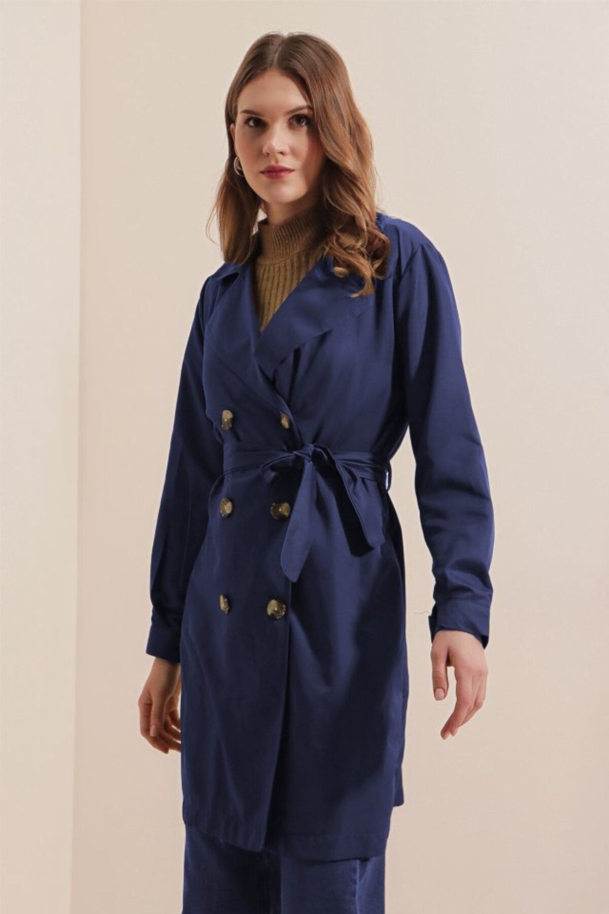 Mottisfashion 5864 Kruvaze Yaka Kısa Trençkot - Lacivert