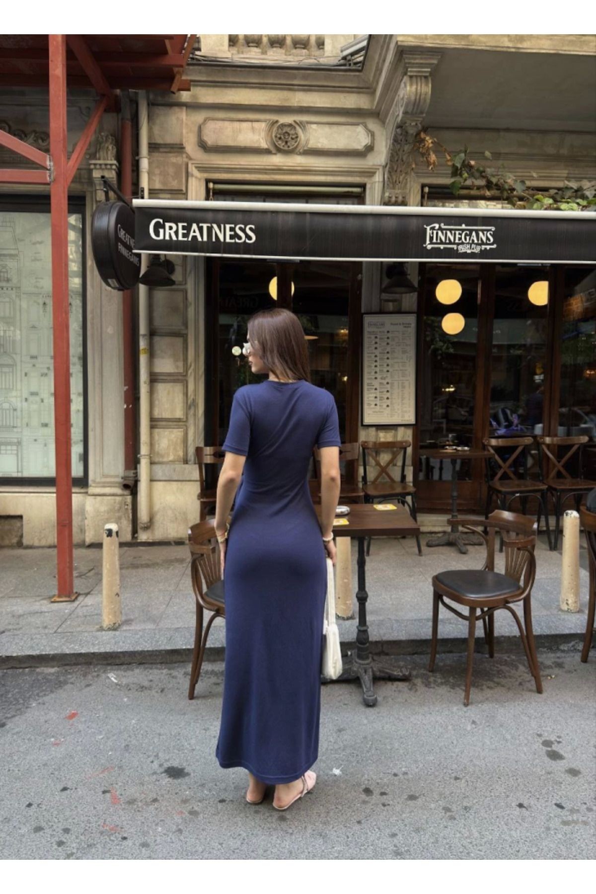 Osy Modal Yumuşak Dokulu Kumaş Bisiklet Yaka Kısa Kollu Kuşaklı Uzun Elbise - Mavi