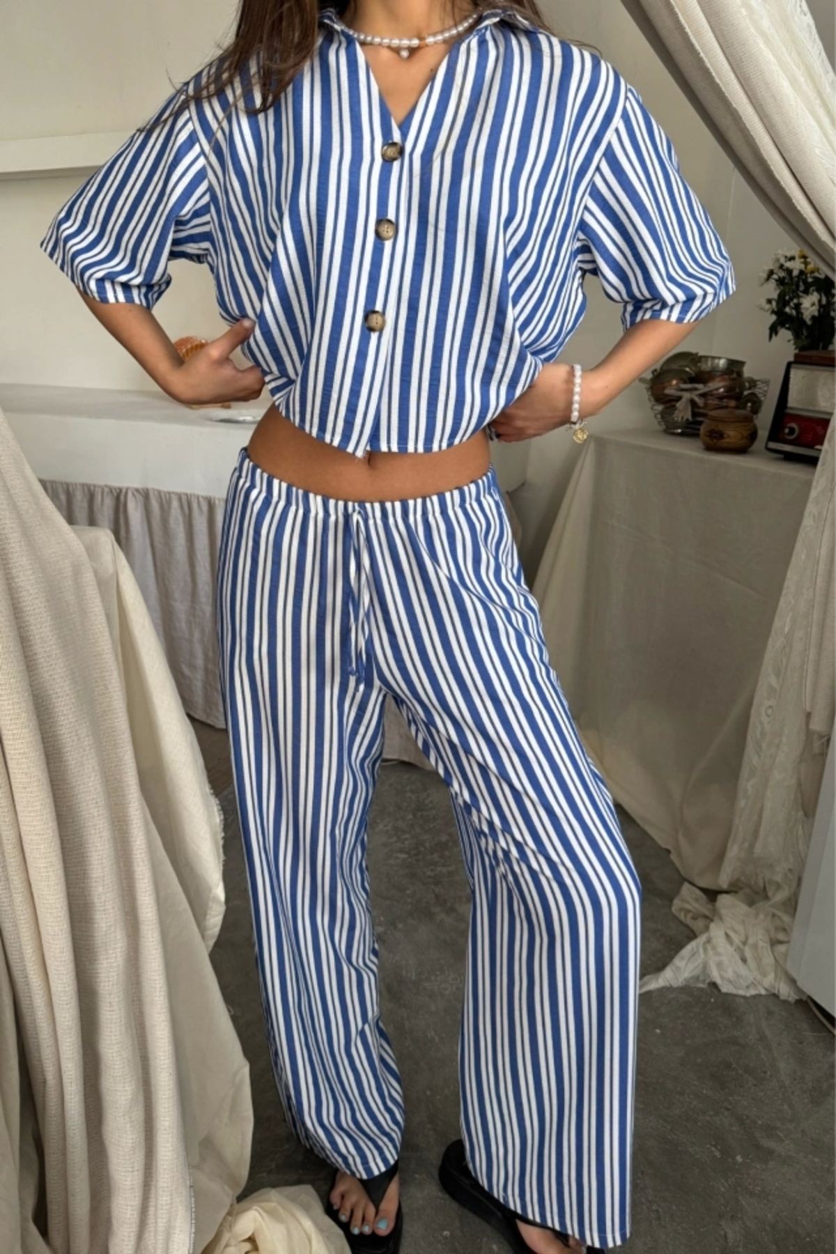 Çizgili Crop Gömlek - Salaş Pantolon Takım Modal - Mavi