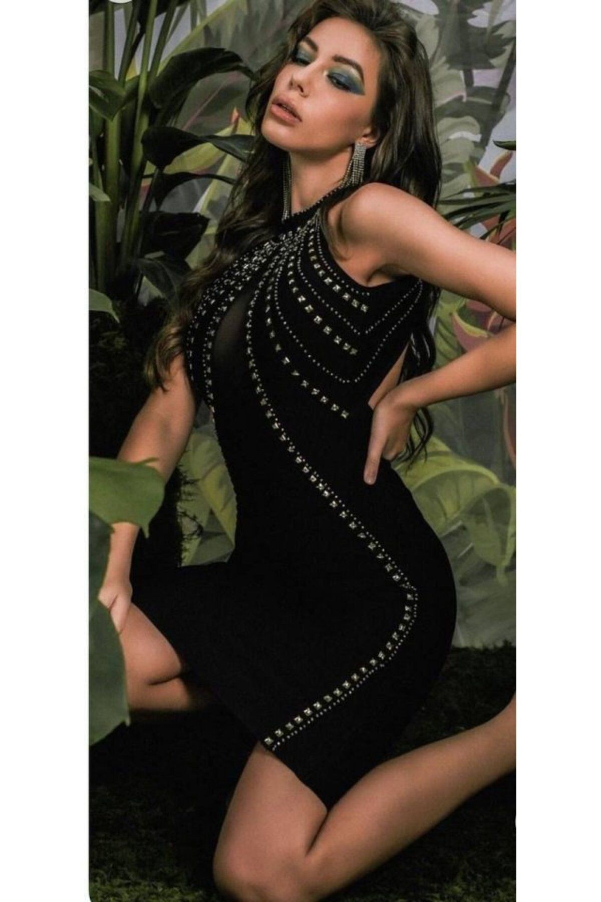Mottisfashion Kadın Dalgıç Kumaş Taş Detaylı Mini Boy Elbise