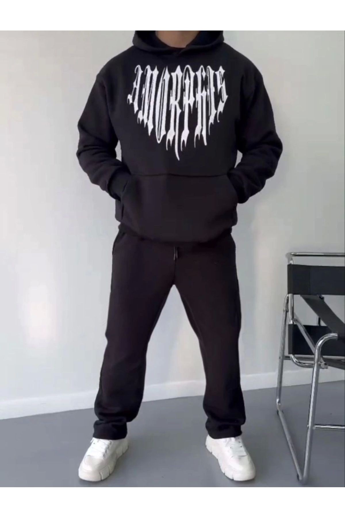 Uzun Kol Kapşonlu Baskılı SweatShirt - Siyah
