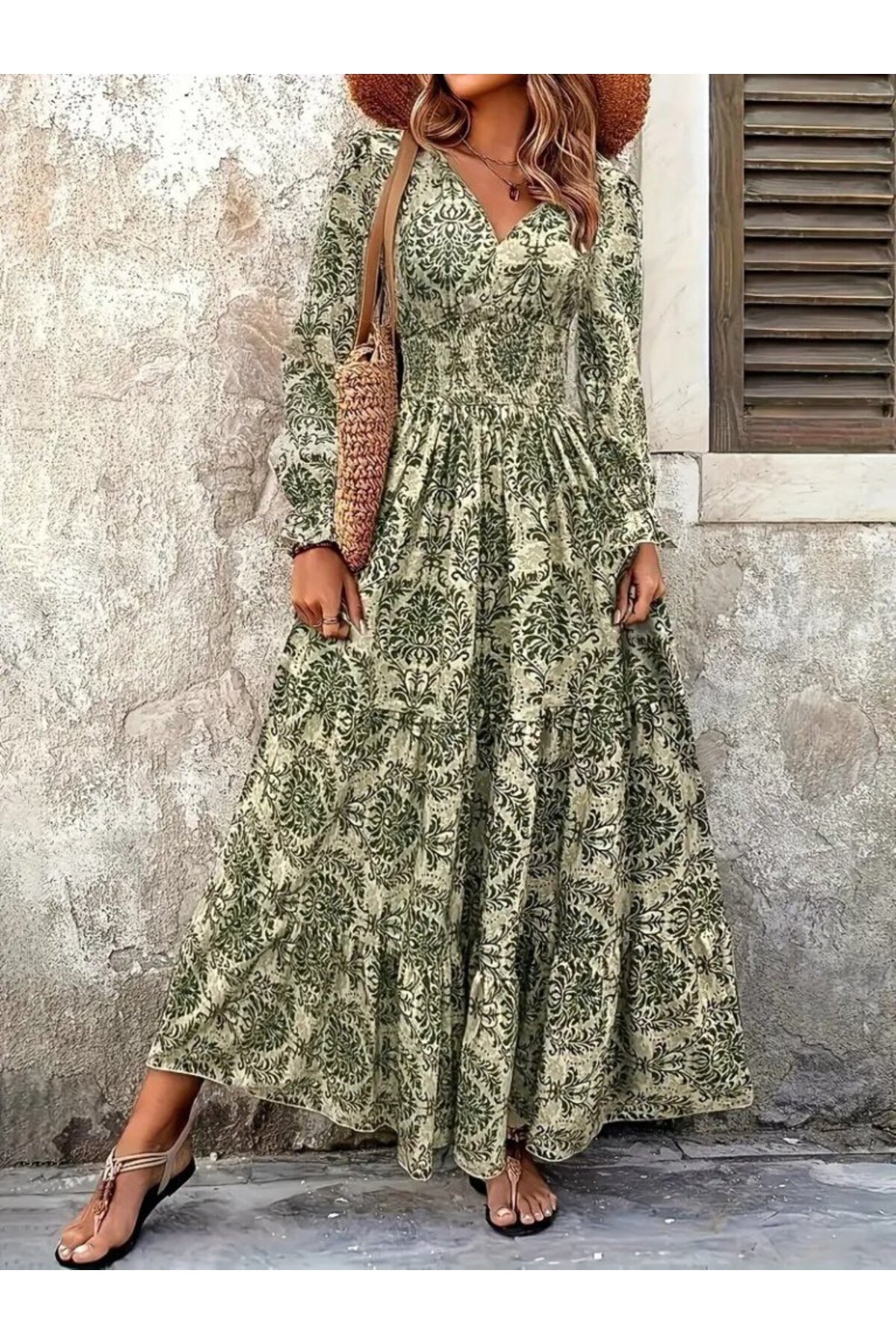 EQURİ Kadın Uzun Kollu V Yakalı Desenli Süprem Elbise