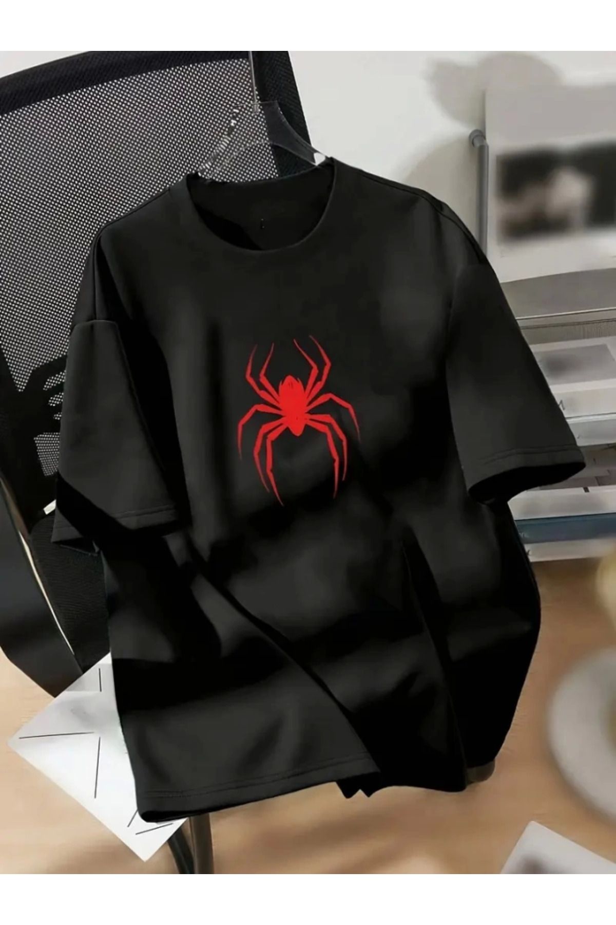 Baskılı Oversize Bisiklet Yaka T-shirt - Siyah