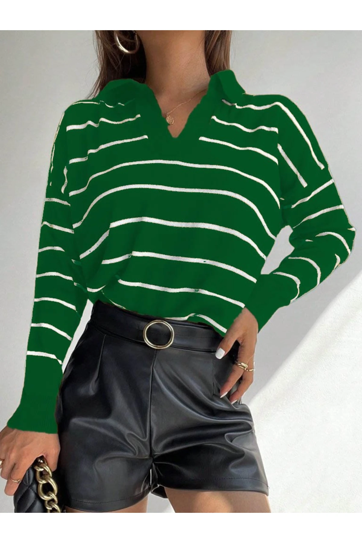mrpurple Kadın Uzun Kollu V Yaka çizgili Triko Bluz