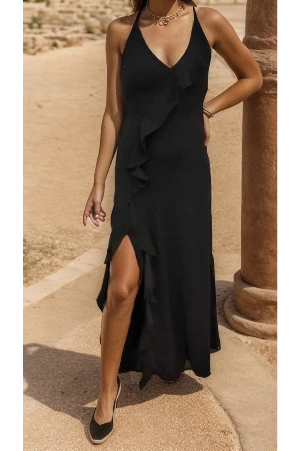 Evyora Kadın Ip Askılı Dekolteli Yırtmaç Detay Krep Elbise