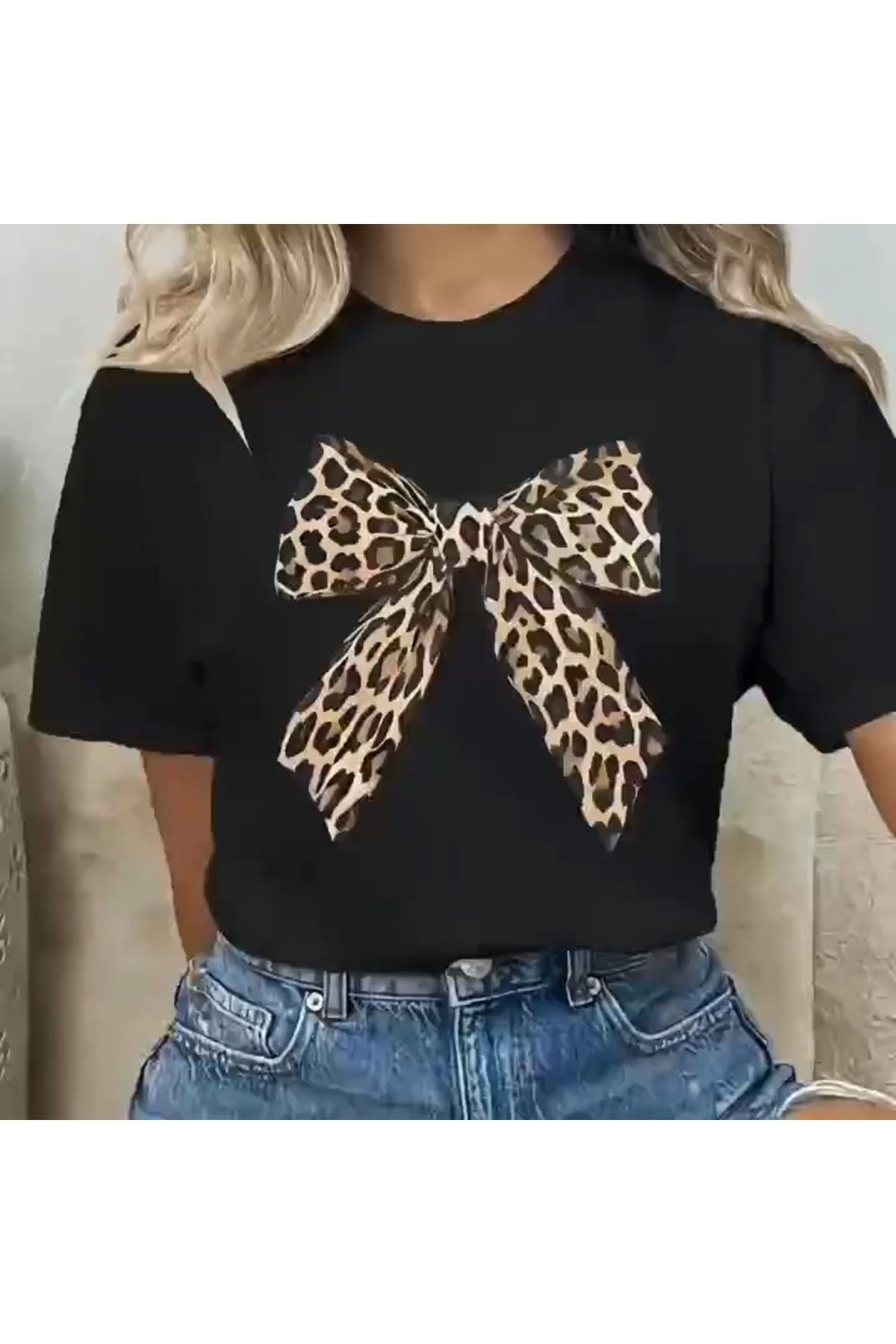 Baskılı Oversize Bisiklet Yaka T-shirt - Siyah