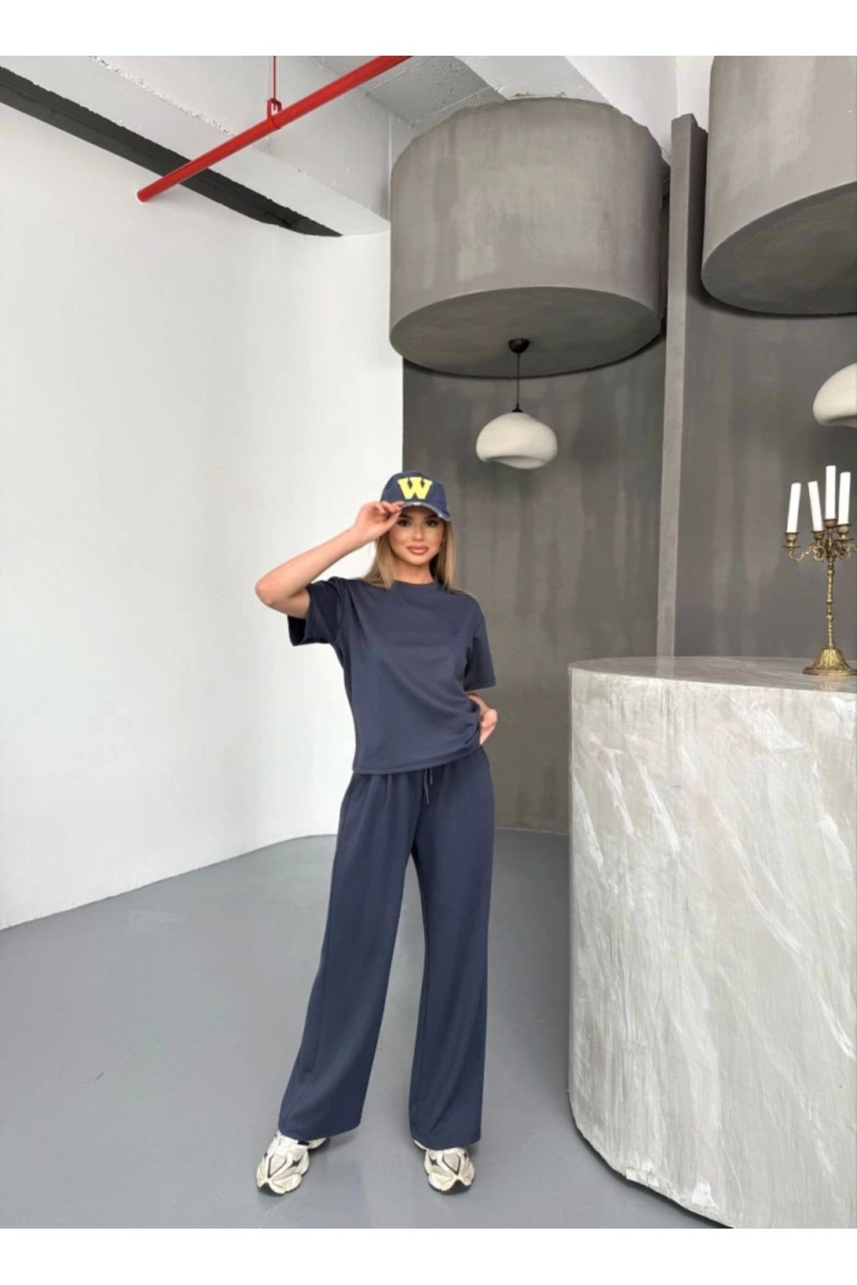 Osy Modal Yumuşak Dokulu Kumaş Kısa Kollu Bluz Rahat Pantalon Ikili Takım- Füme