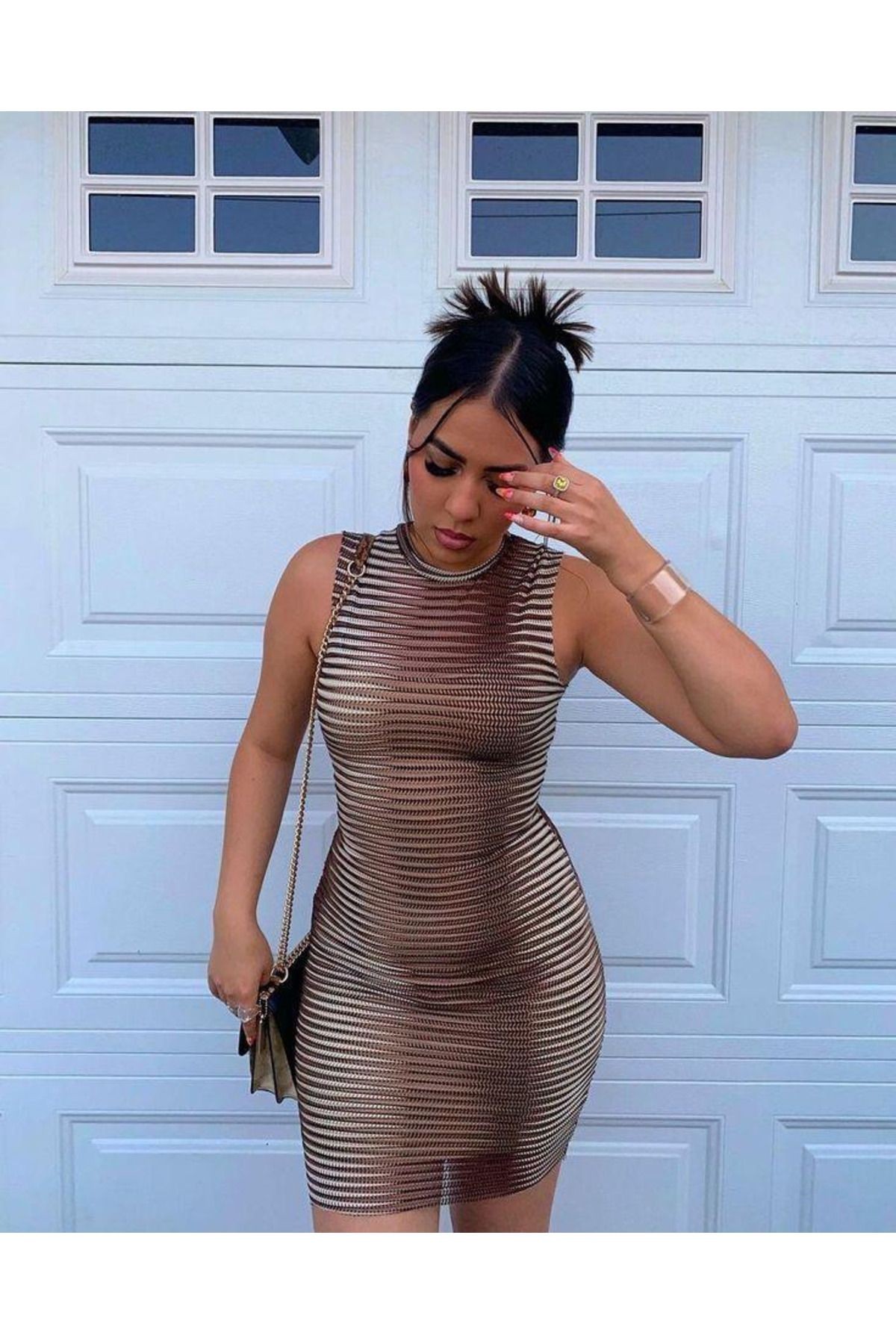 Kadın Sıfır Kol Desenli Mini Bodycon Dalgıç Elbise