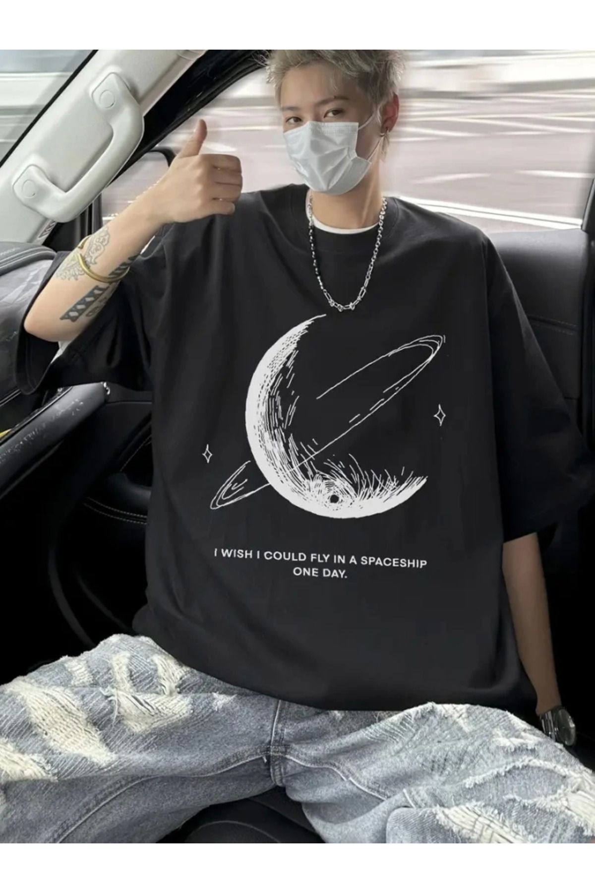 Baskılı Oversize Bisiklet Yaka T-shirt - Siyah