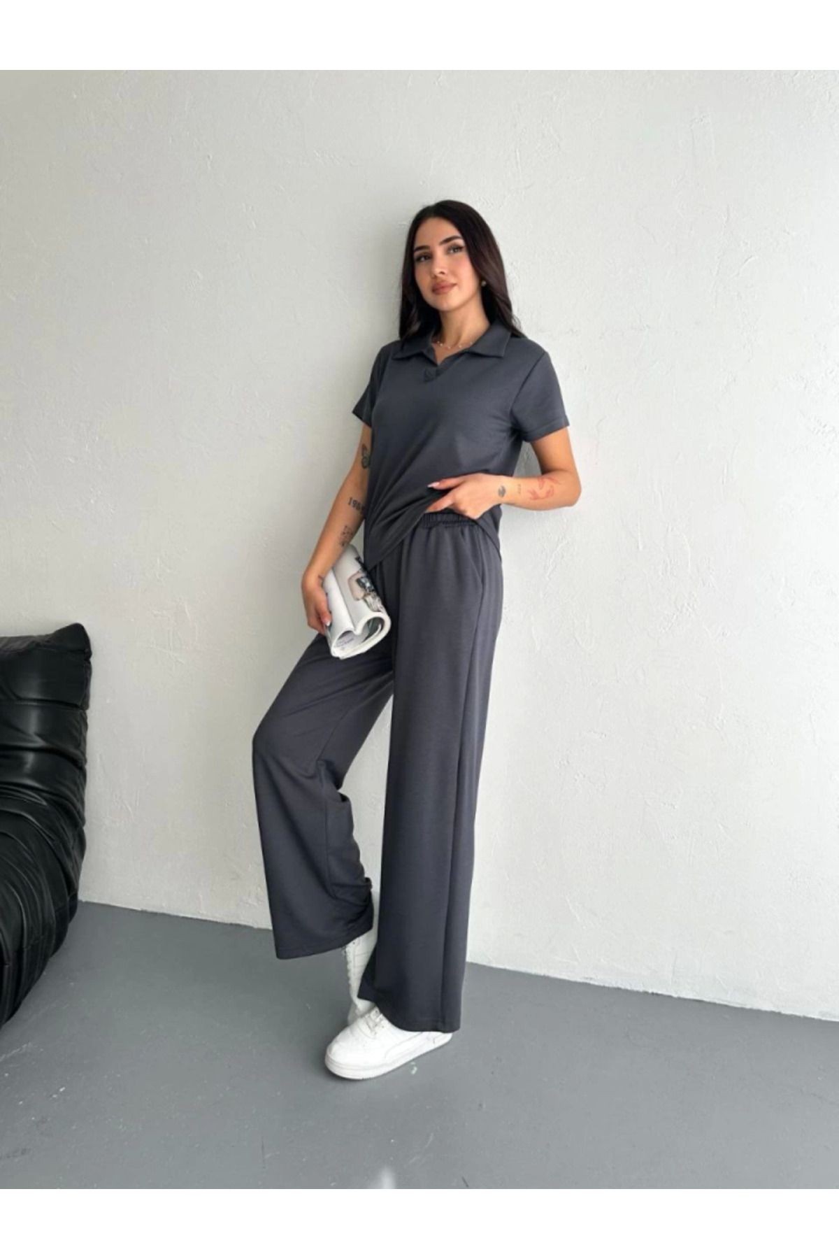 Osy Modal Yumuşak Dokulu Kumaş Kısa Kollu Yakalı T-shirt Pantalon Ikili Takım- Antrasit
