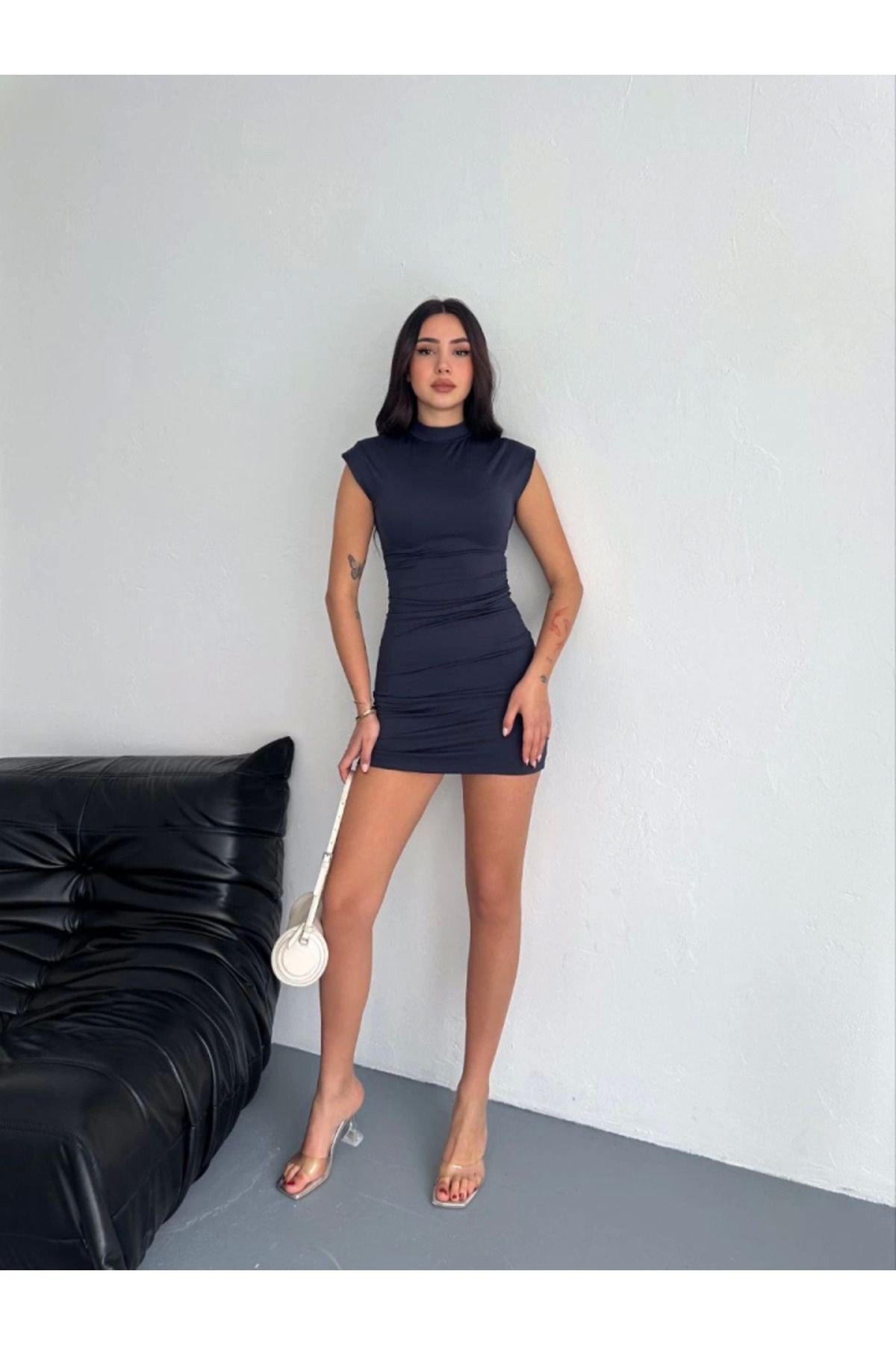Yarım Bogazlı Kolsuz Mini Boy Elbise - Lacivert