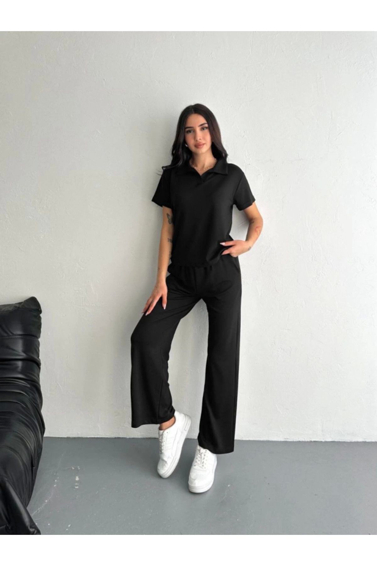 Osy Modal Yumuşak Dokulu Kumaş Kısa Kollu Yakalı T-shirt Pantalon Ikili Takım- Siyah