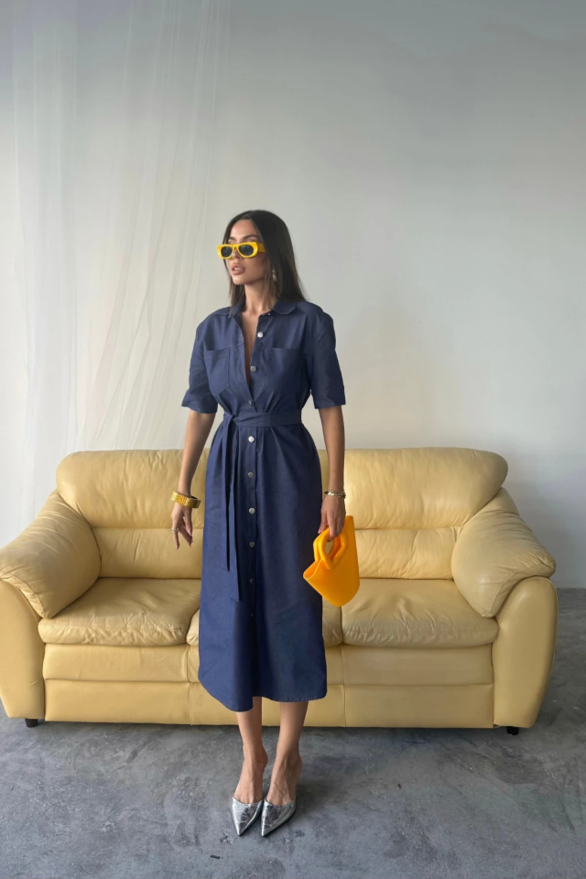 ÖNDEN DÜĞMELİ KISA KOL ELBİSE - Mavi