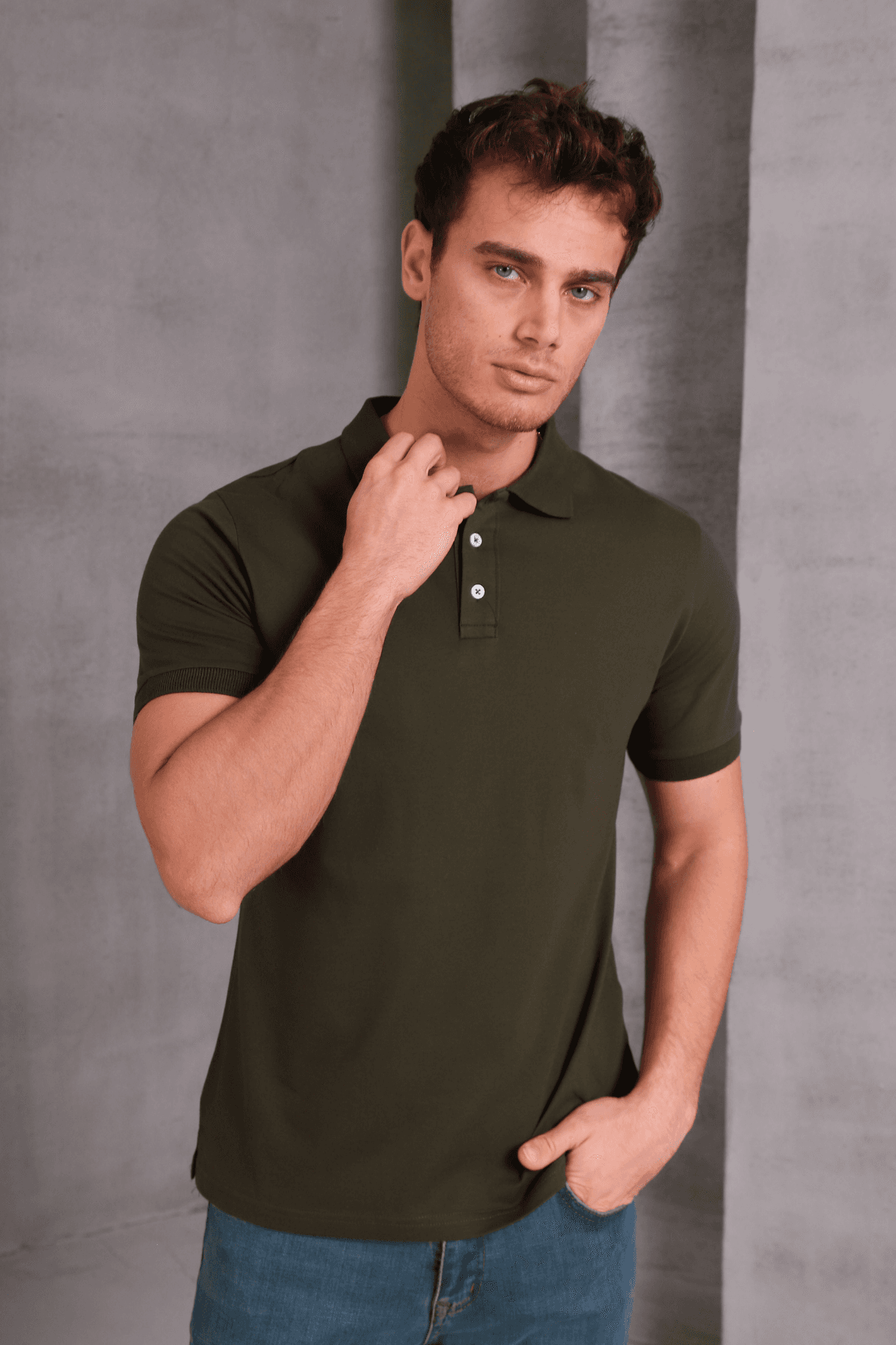 Erkek Dar Kesim Slim Fit Pamuklu Yumuşak Doku Nefes Alan Kumaş Kıvrılmaz Yaka Polo Yaka Tişört - HAKİ