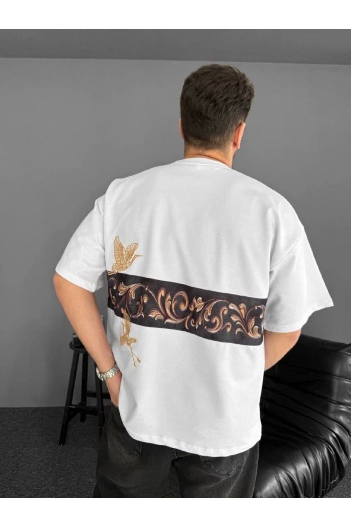 Ön Ve Arka Baskılı Oversize Bisiklet Yaka T-shirt - Beyaz