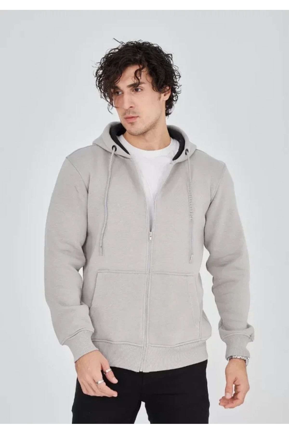 Unisex Tam Fermuarlı Kapşonlu SweatShirt - Boyalı Gri