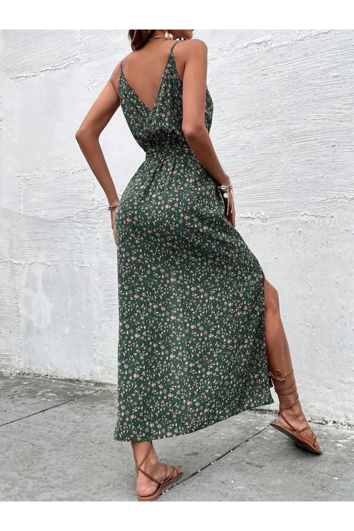 Evyora Kadın Ip Askılı Kruvaze Yakalı Yırtmaçlı Uzun Desenli Kuşaklı Süprem Elbise