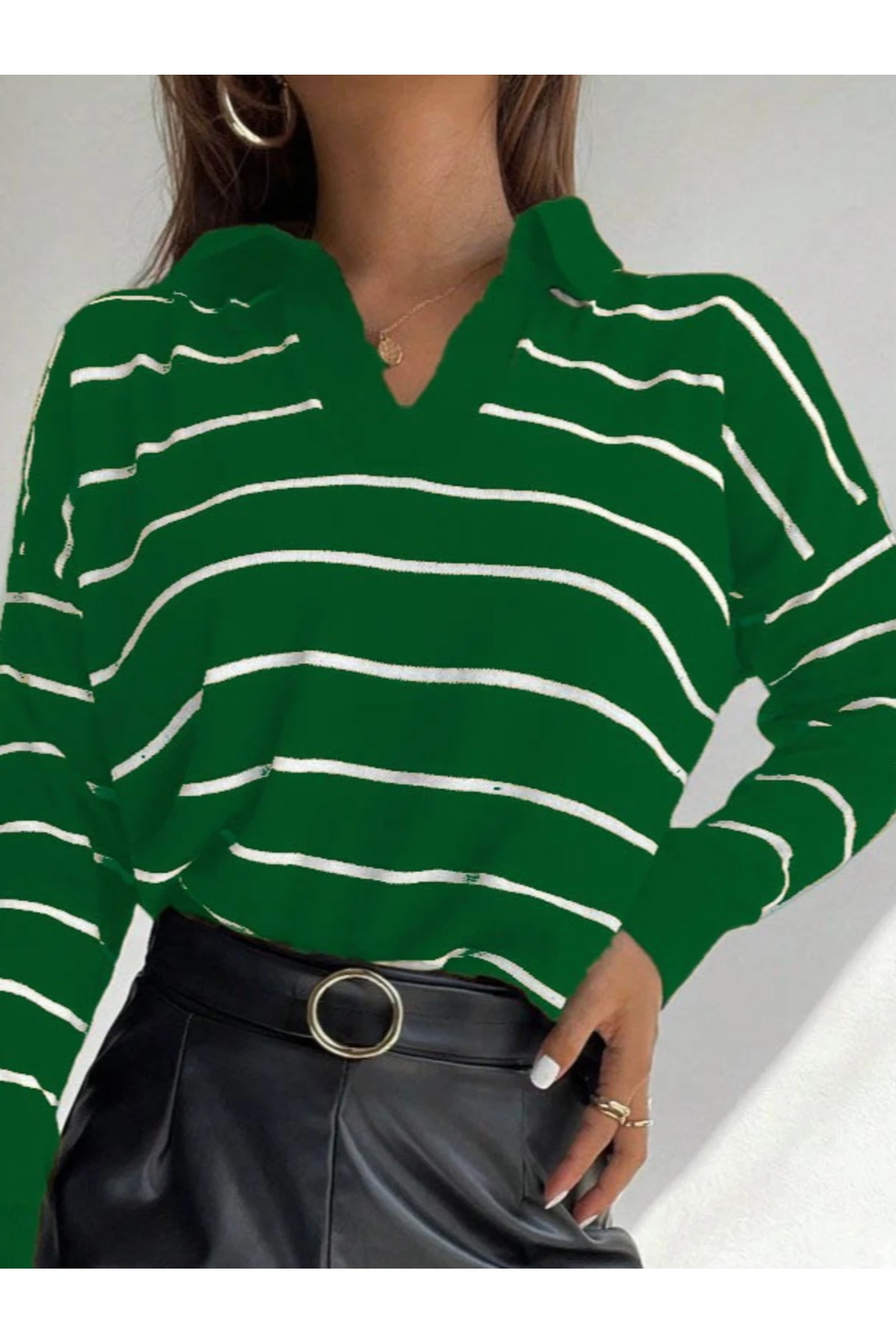 mrpurple Kadın Uzun Kollu V Yaka çizgili Triko Bluz