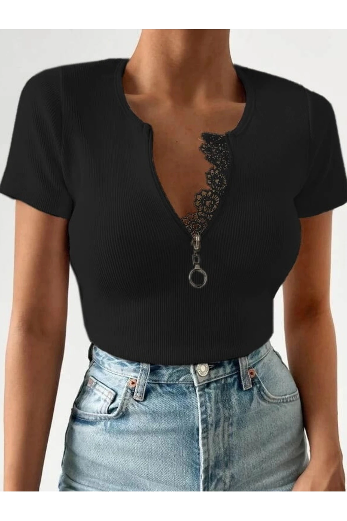 Kadın Beyaz Yaka Dantel Ve Fermuarlı Kaşkorse Bluz