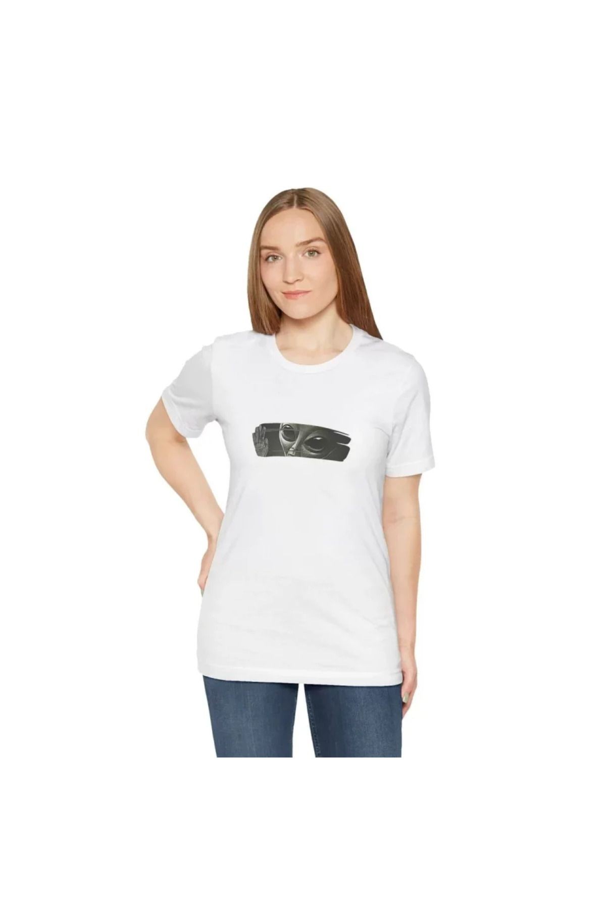 Unisex Bisiklet Yaka Baskılı T-Shirt - Beyaz