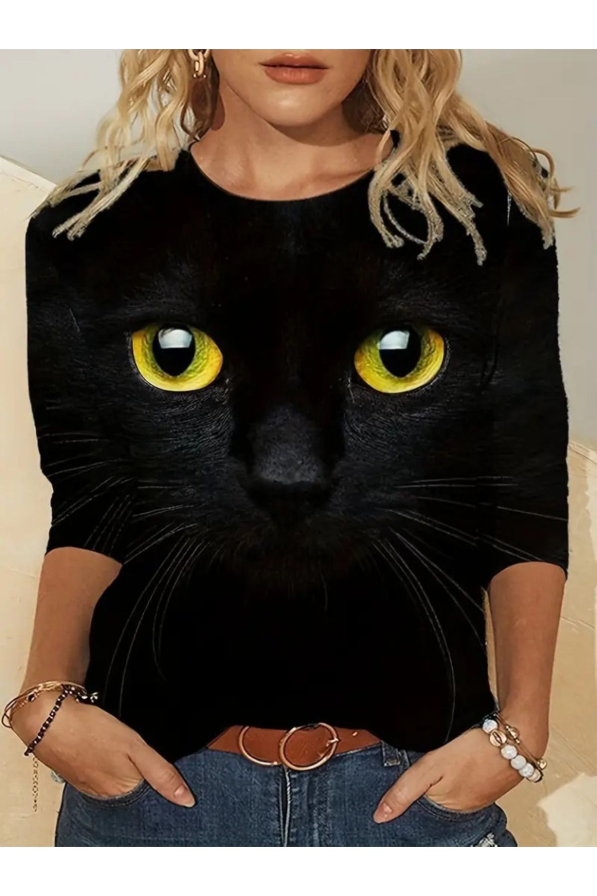 Kadın Uzun Kollu Bisiklet Yaka Kedi Desenli Süprem Bluz