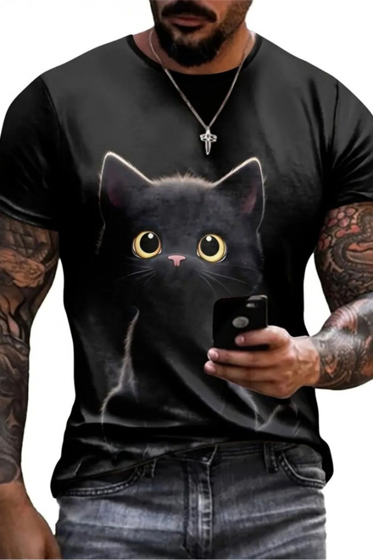 TİANA Erkek Bisiklet Yaka Kedi Baskılı Süprem T-shirt