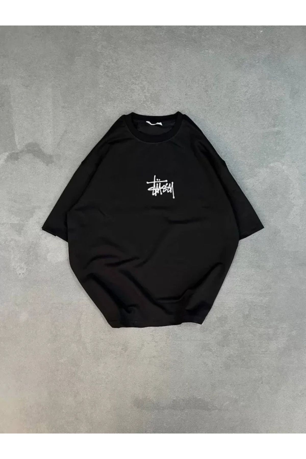 Unisex Bisiklet Yaka Baskılı Oversize T-Shirt - Siyah
