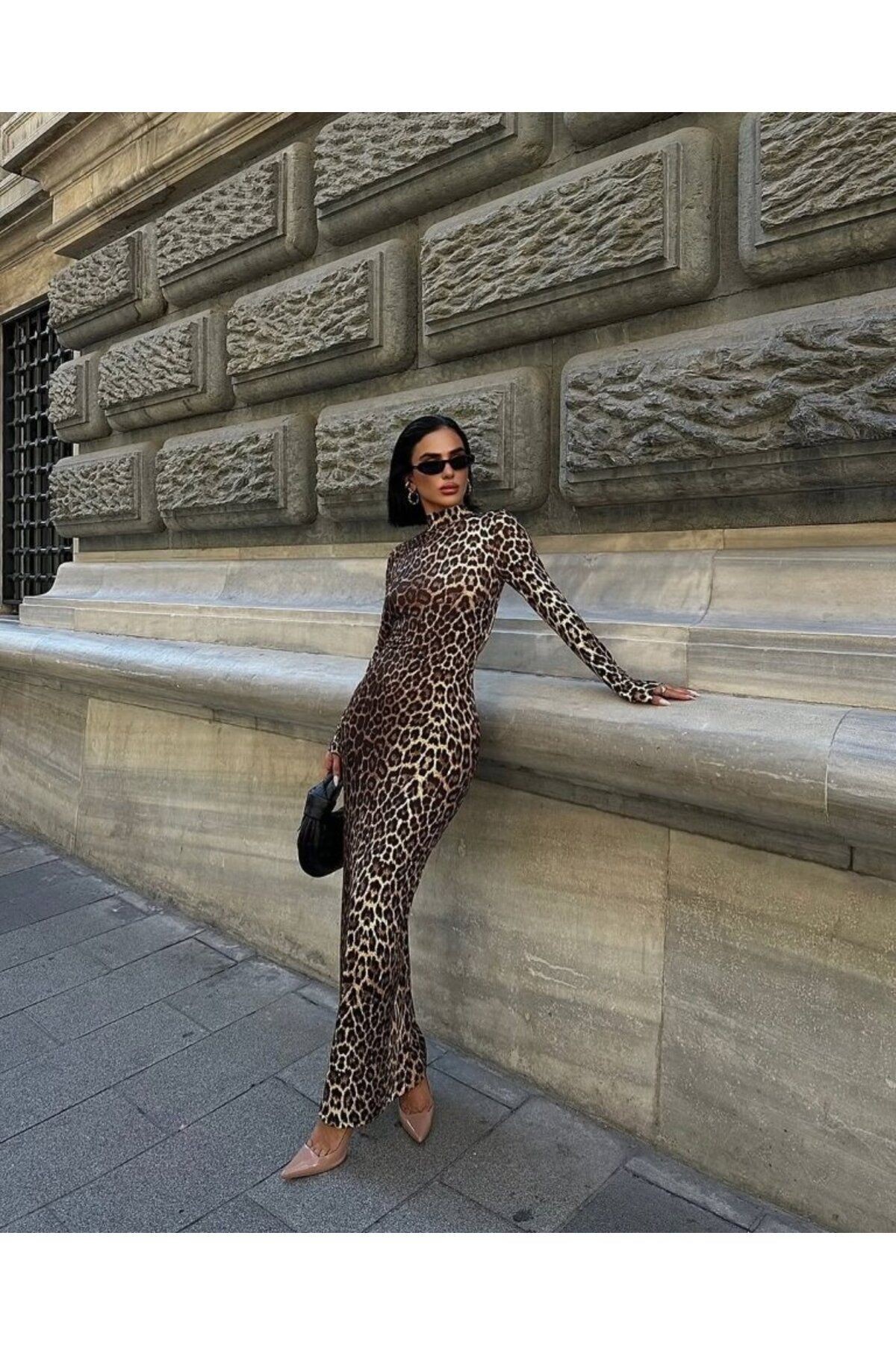 Kadın Uzun Kollu Balıkçı Yaka Gull Likralı Leopar Desen Maxi Boy Elbise