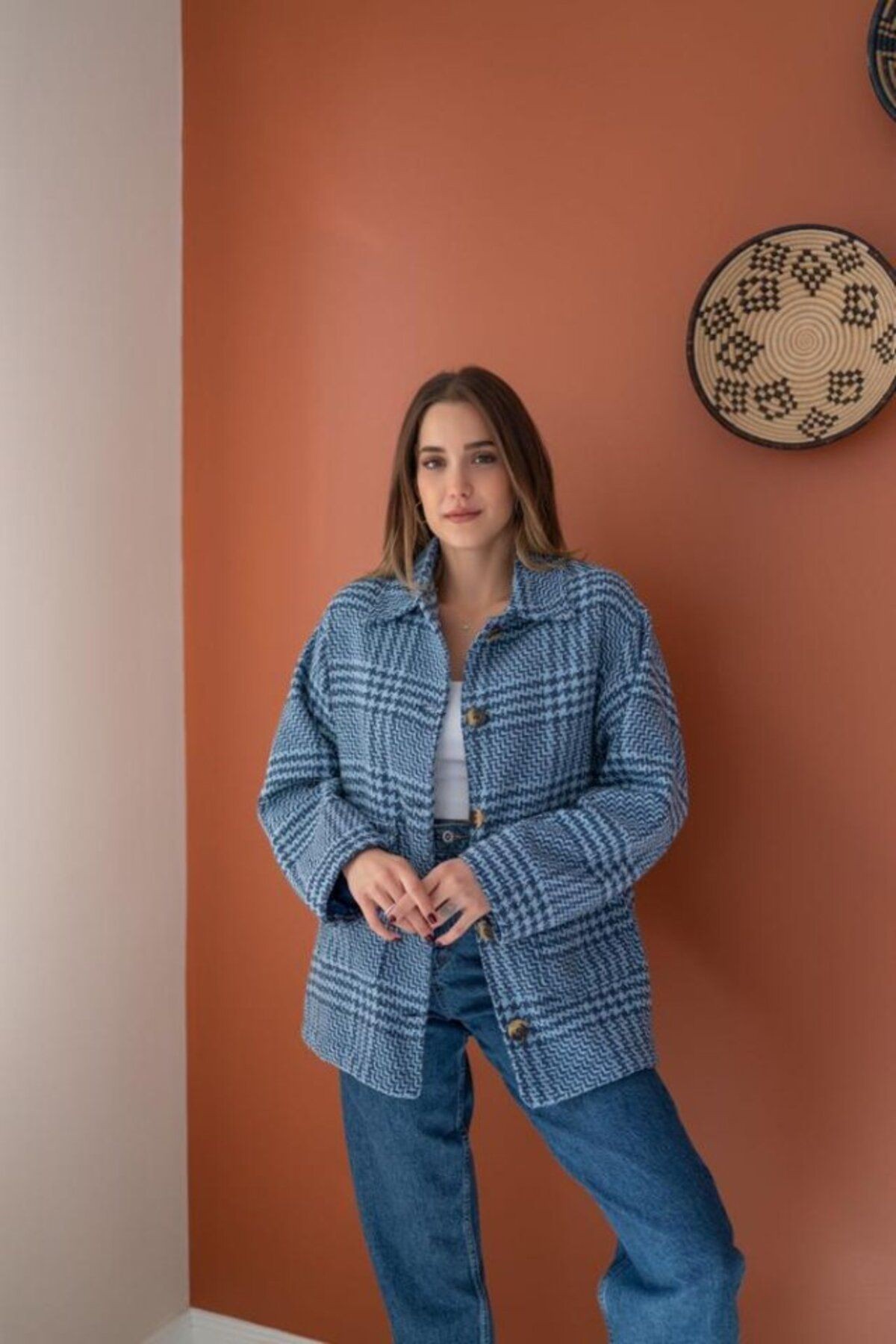 Mint Düğmeli Ekoseli Kaban