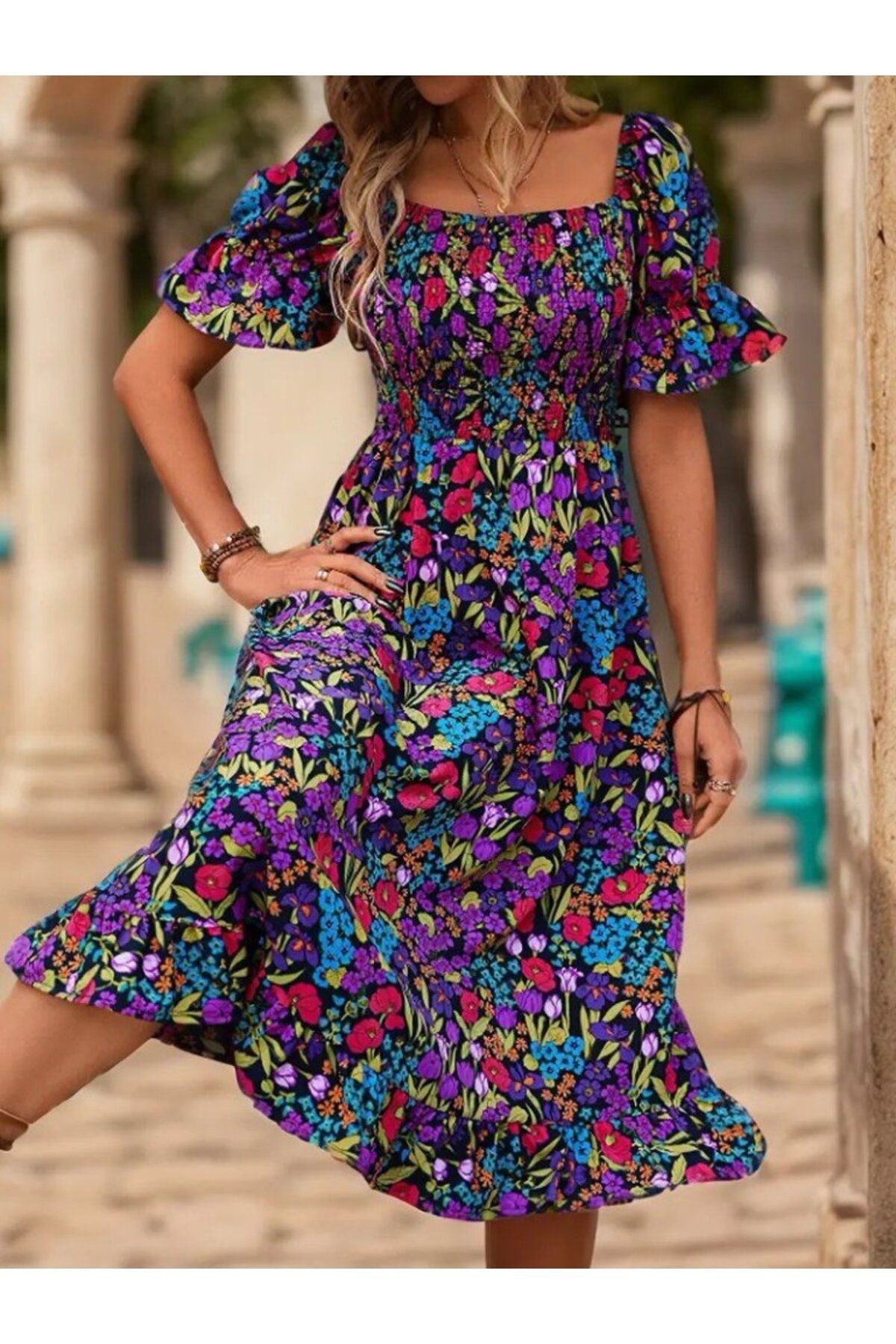 Kadın Kısa Kollu Kare Yakalı Beli Lastikli çiçek Desenli Mini Süprem Elbise