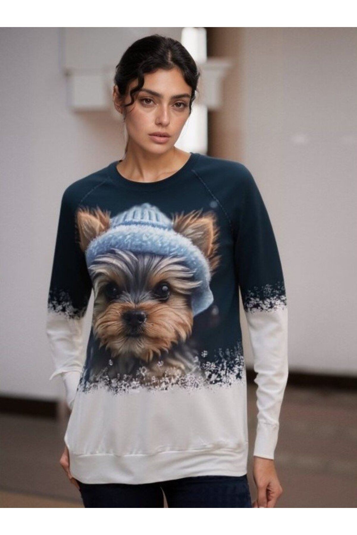 Kadın Uzun Kollu Bisiklet Yaka Köpek Baskılı şardonlu Dalgıç Bluz