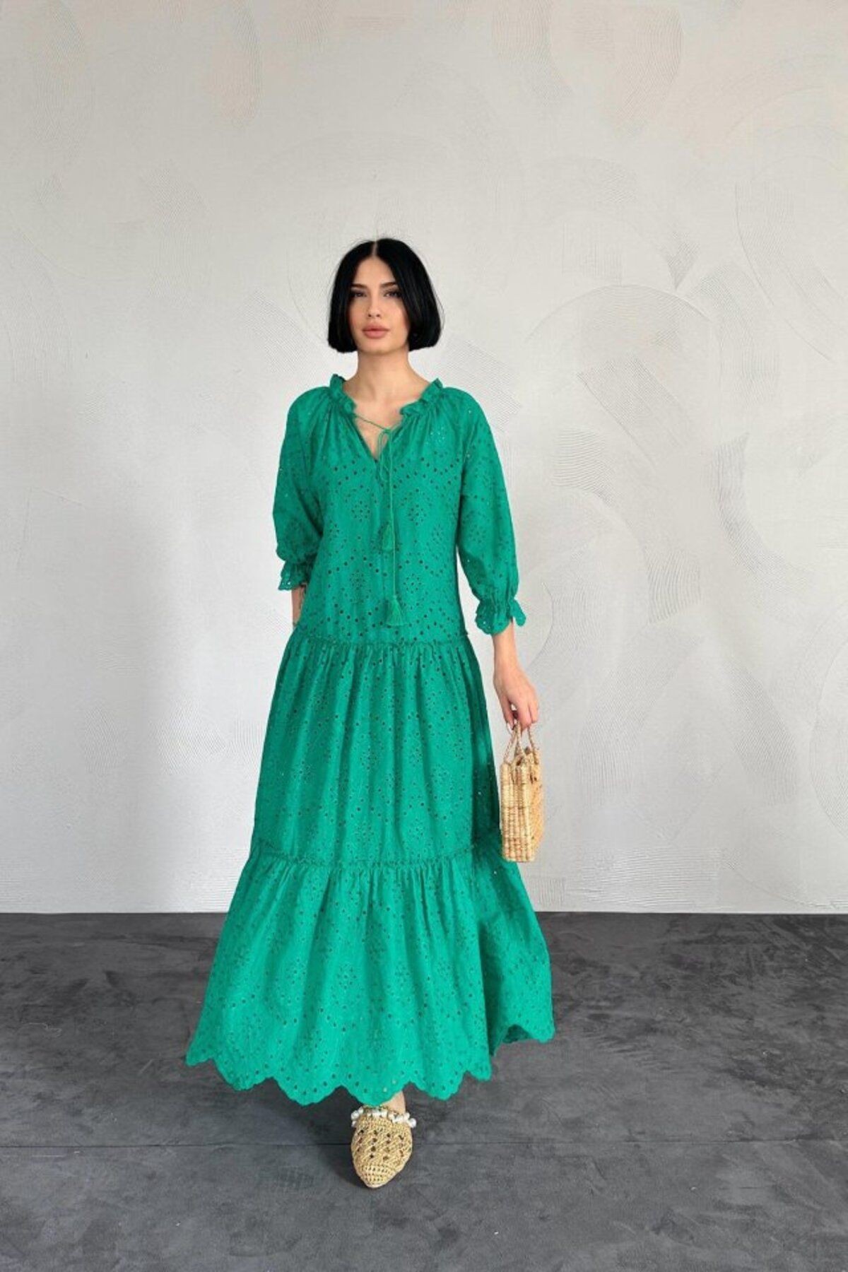 TİANA Yeşil Dantelli New Elbise