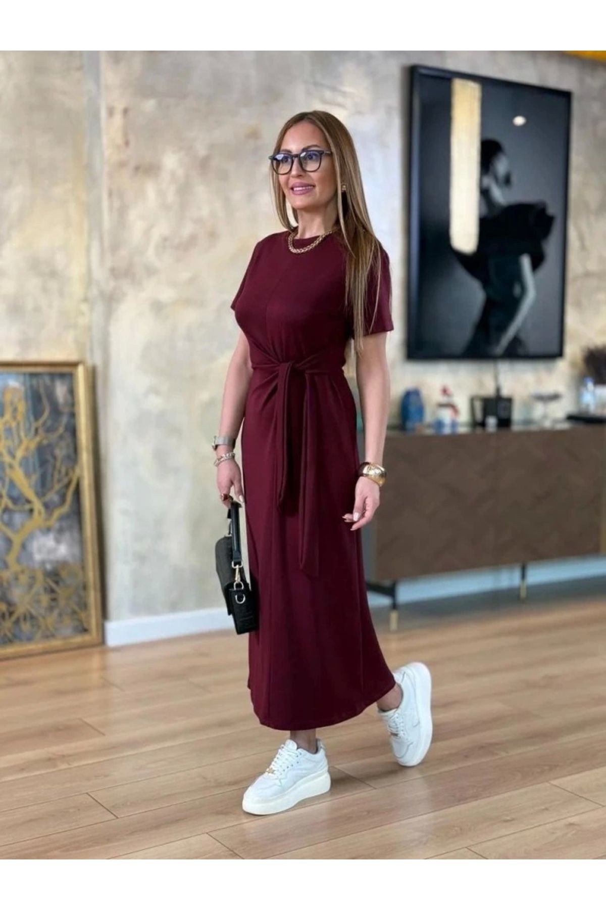 Kadın Kısa Kollu Bisiklet Yaka Yandan Bağlamalı Viskon Iki Iplik Elbise
