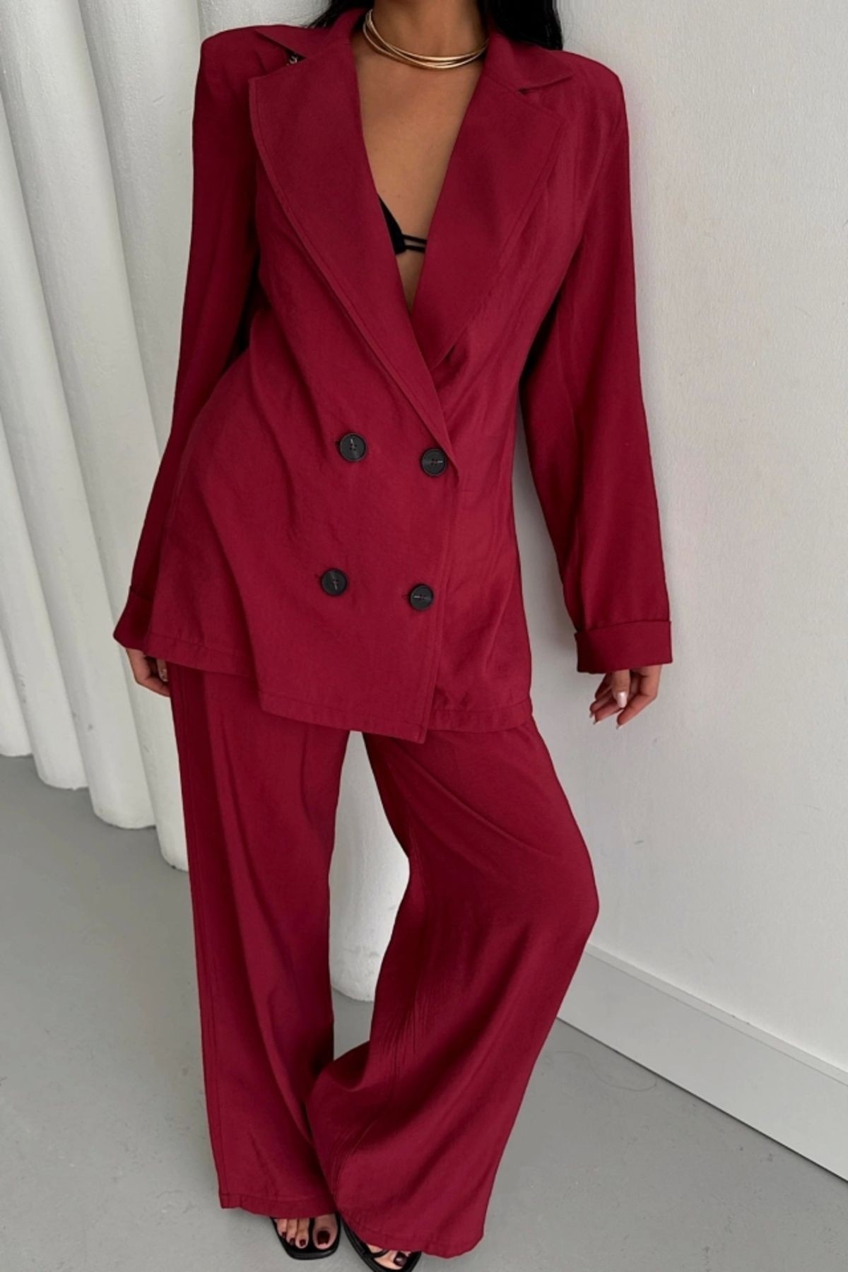 Modal 4 Düğme Astarsız Ceket - Pantolon Takım - Bordo