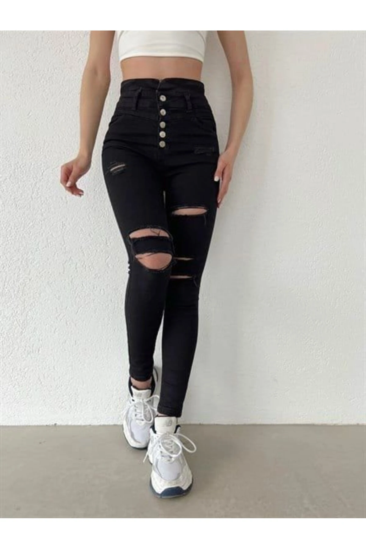 Melenza Kadın 5 Düğmeli V Detay Bel Yırtık Kot Pantolon