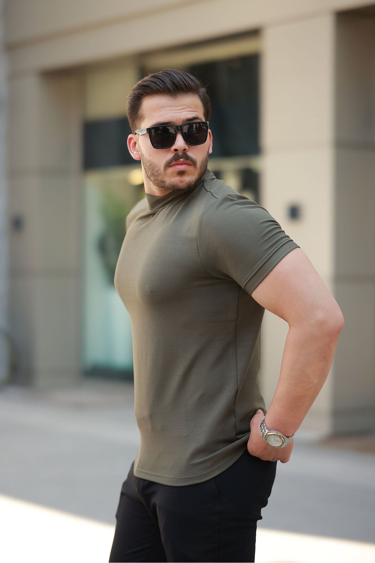 Erkek Ince çizgi Dokulu Kısa Kollu Tişört
