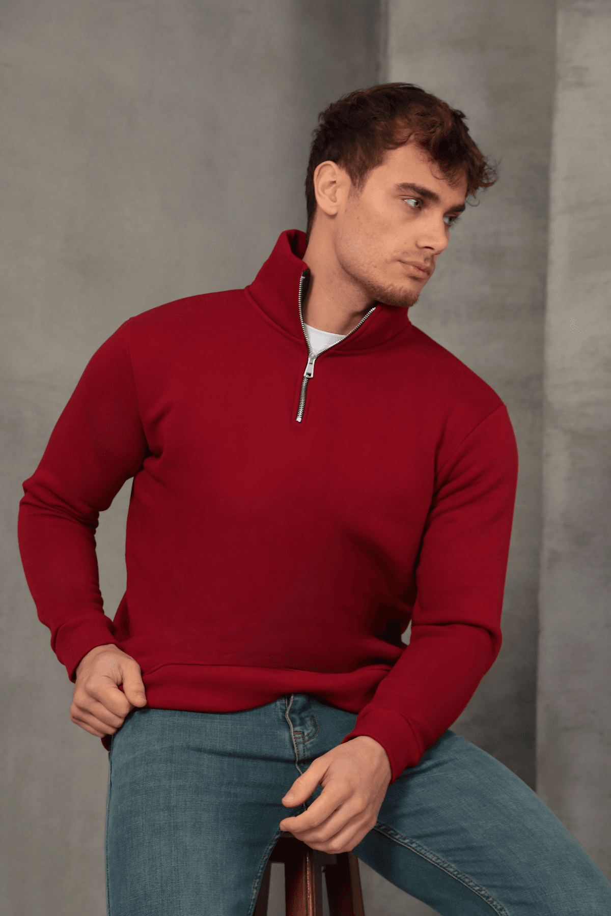 Unisex Relax Fit Rahat Kesim Yumuşak Dokulu İçi Polarlı Yarım Fermuarlı Dik Yaka Sweatshirt