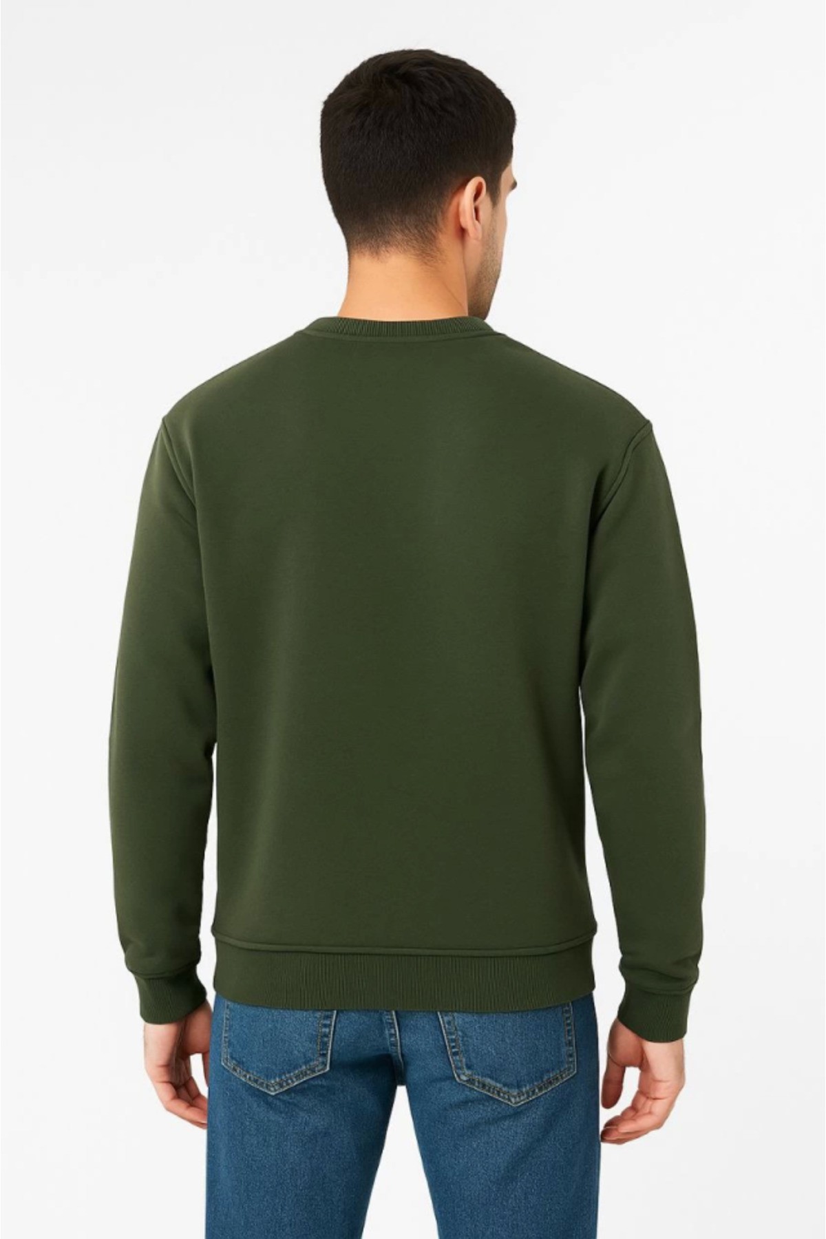 Erkek Üç İplik Düz Bisiklet Yaka SweatShirt - Haki