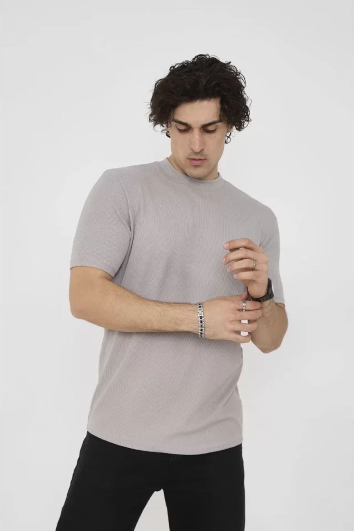 Unisex Bisiklet Yaka Slim Fit T-Shirt- Taş