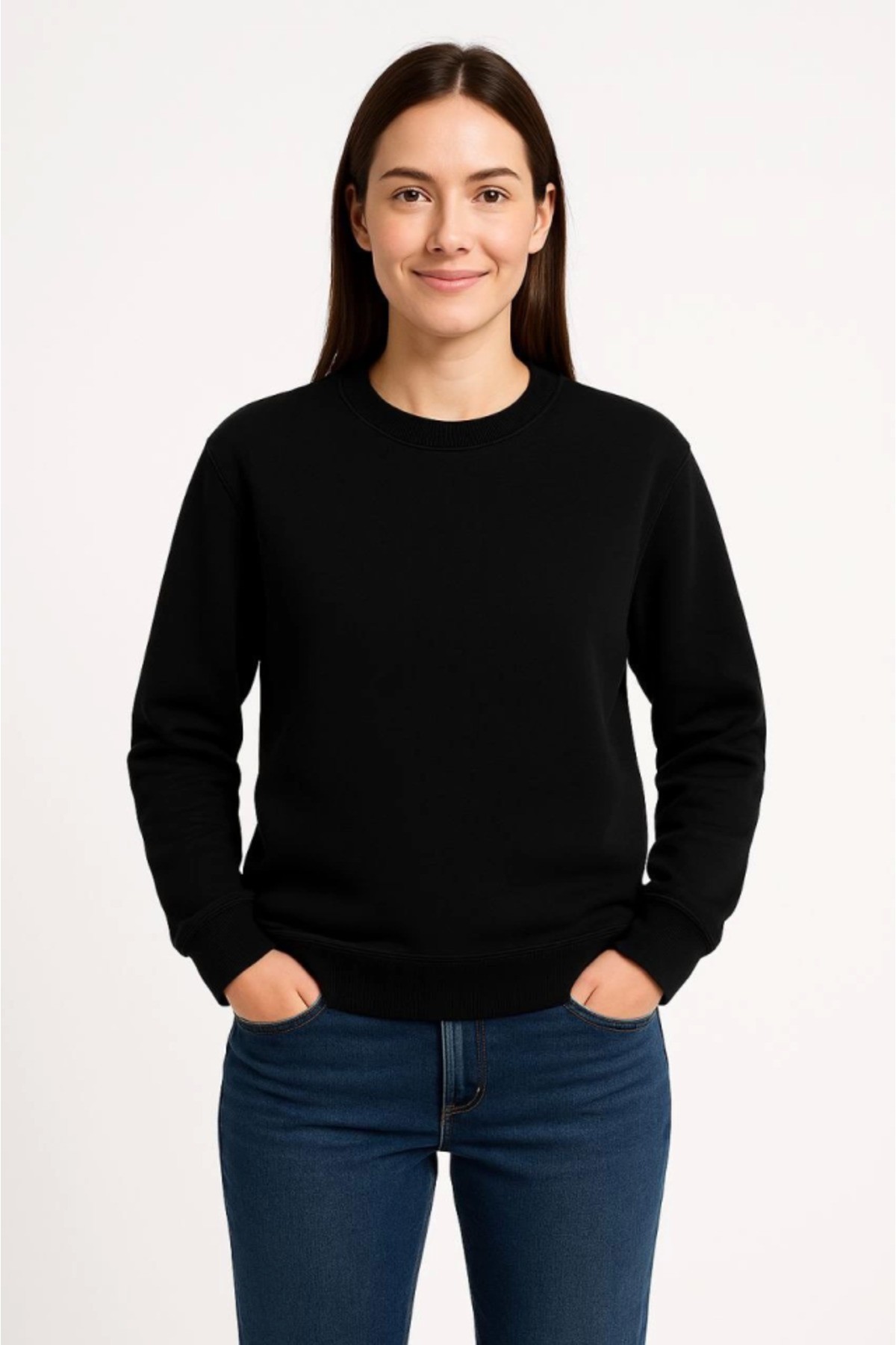 Üç İplik Düz Bisiklet Yaka SweatShirt - Siyah