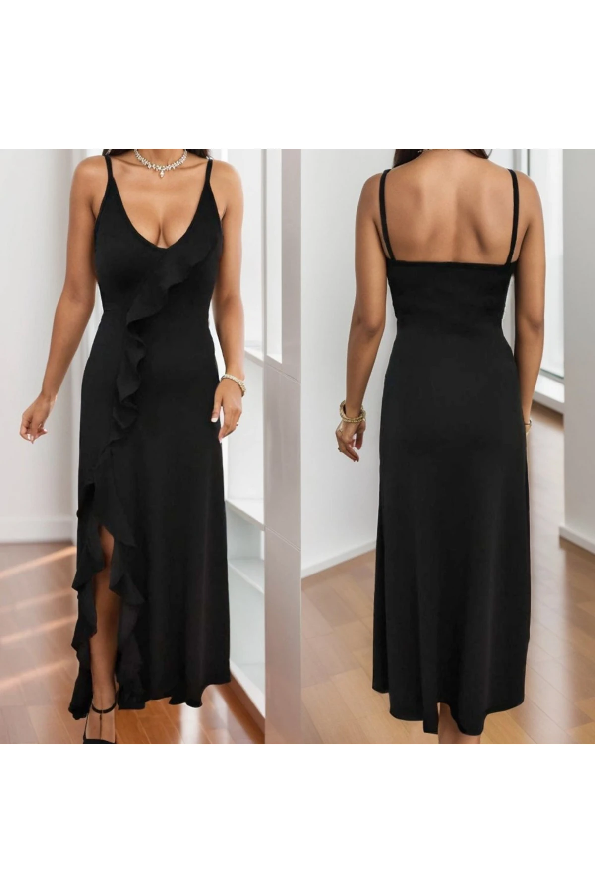 Evyora Kadın Ip Askılı Dekolteli Yırtmaç Detay Krep Elbise