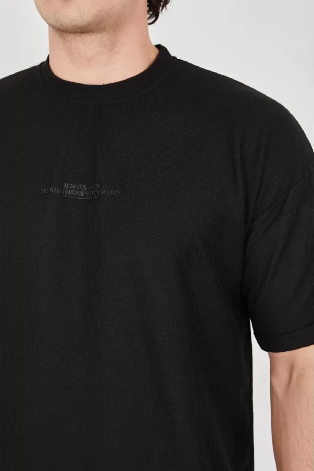 Unisex Waffle Kumaş Rahat Kol T-Shirt - Siyah