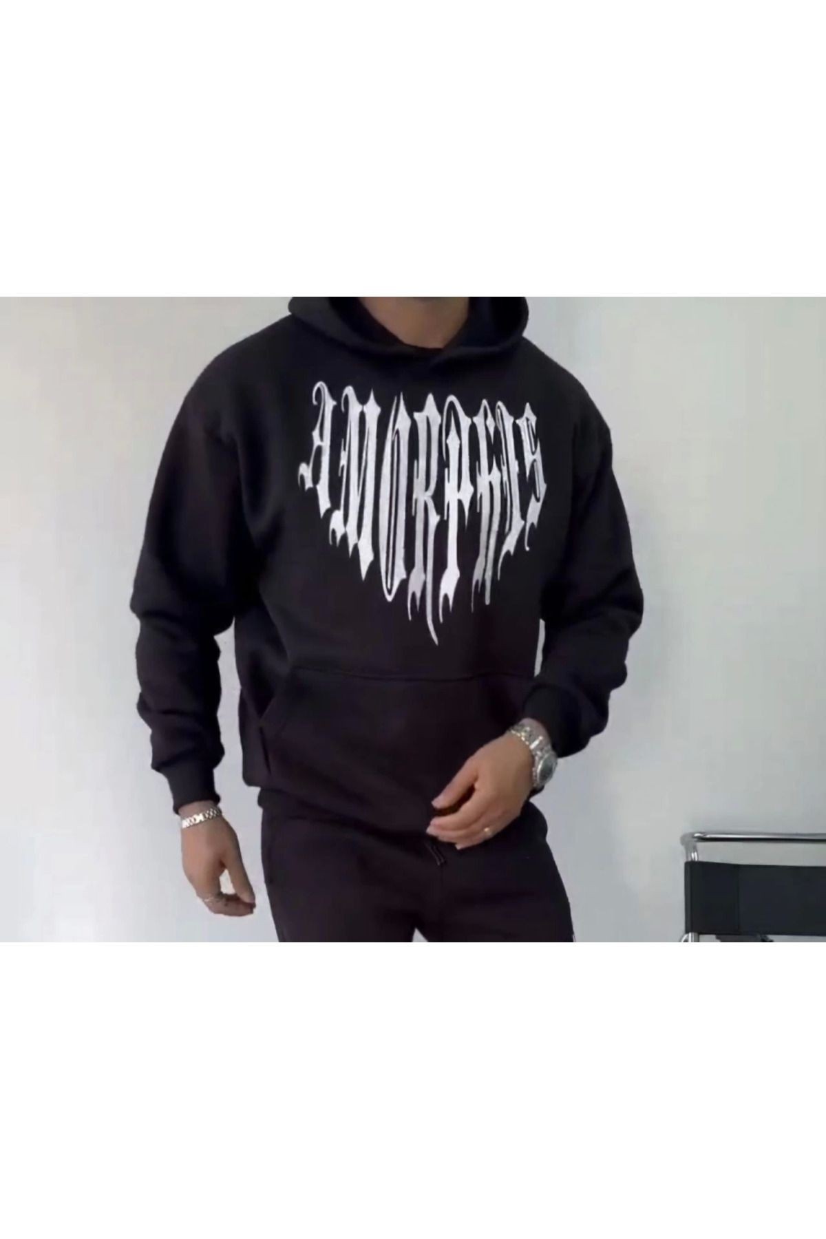 Uzun Kol Kapşonlu Baskılı SweatShirt - Siyah