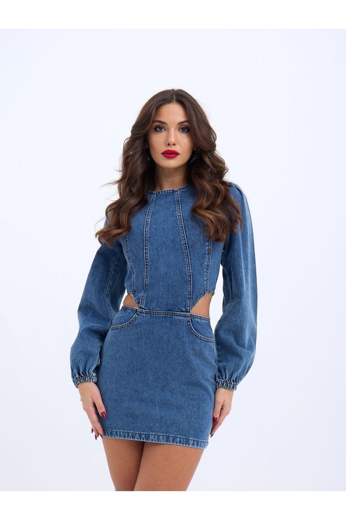 6834 WINDOWED DENIM DRESS-MAVİ