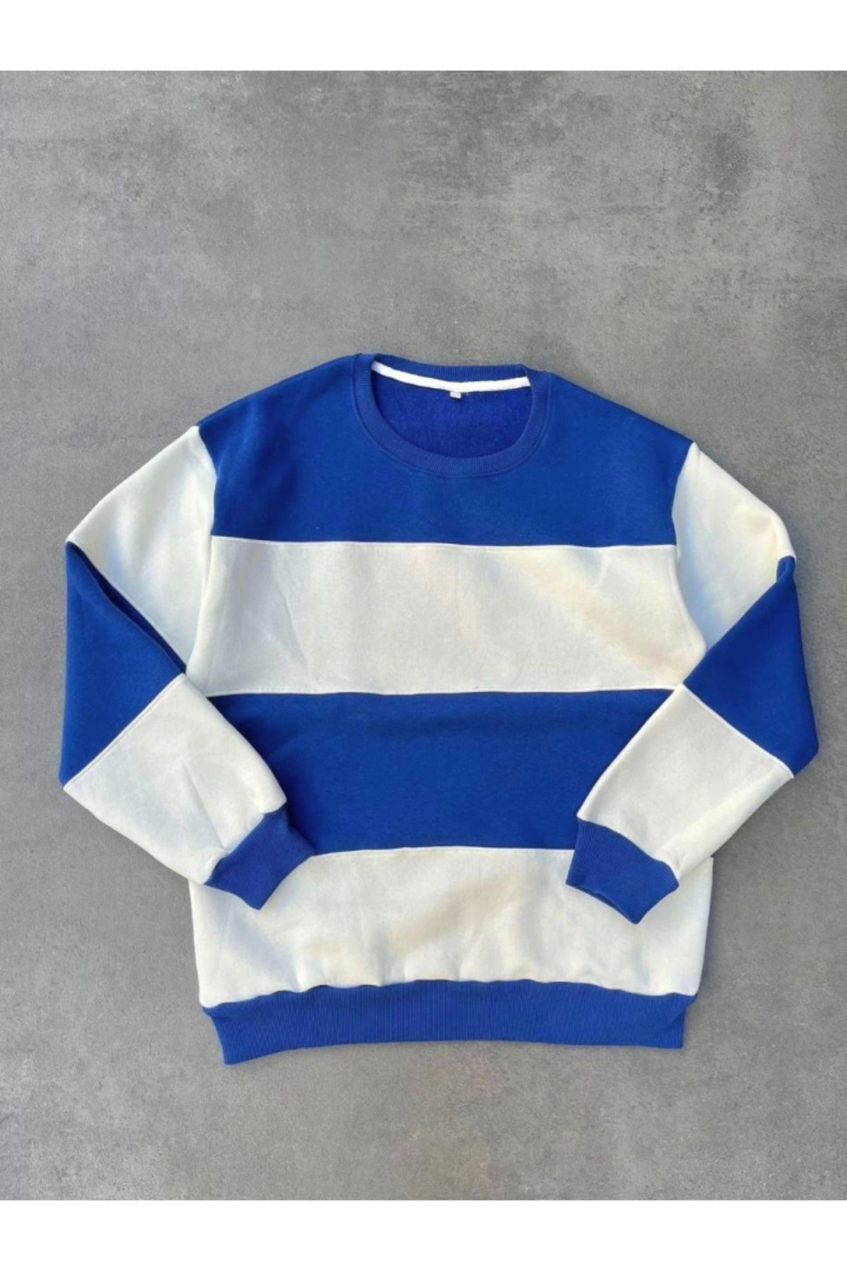 Parçalı Bisiklet Yaka Baskılı SweatShirt - Mavi