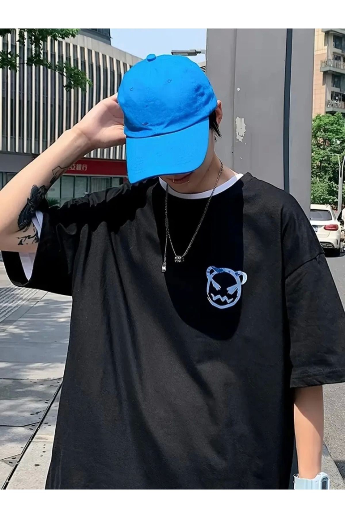 Baskılı Oversize Bisiklet Yaka T-shirt - Siyah