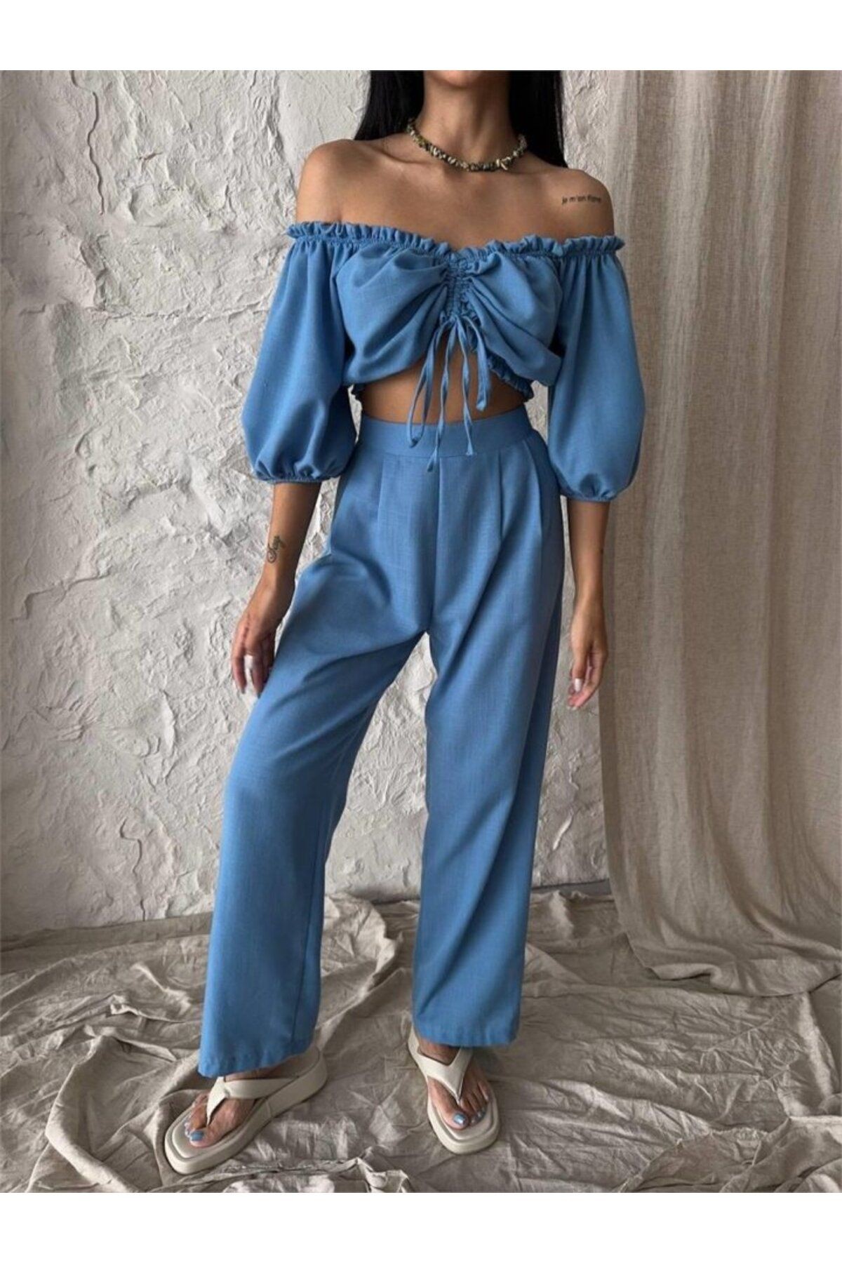 KETEN CROP BLUZ BÜZGÜ YAKA + PANTOLON TAKIM - Mavi