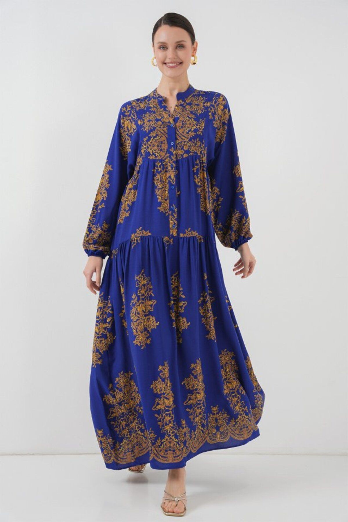 Saks Gold Desenli Tesettür Elbise 2423
